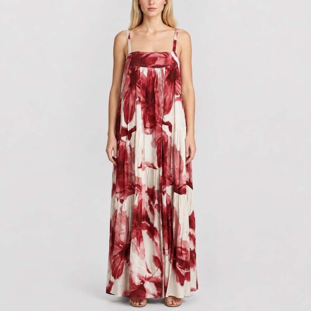 Abel The Label Tiered Maxi Dress sleeveless size XS Red Cream Floral Rayon Boho